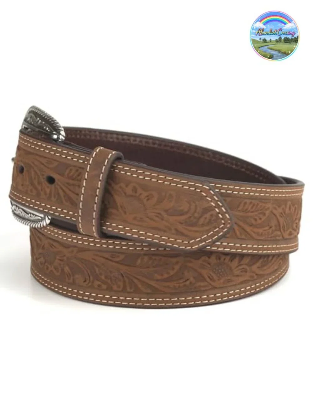 Leather Floral Embossed Belt with Buckle Closure for Dress or Jeans